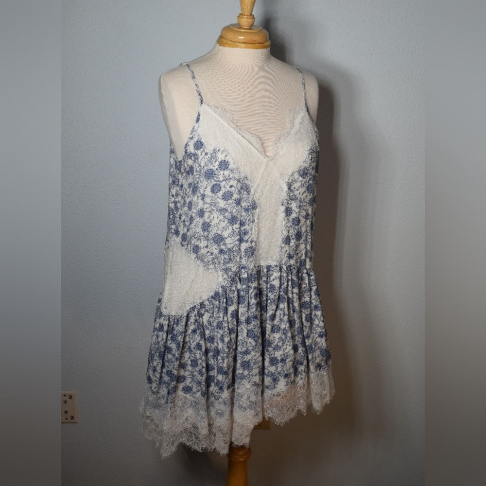 Anthropologie Blue and White Lace Slip Dress